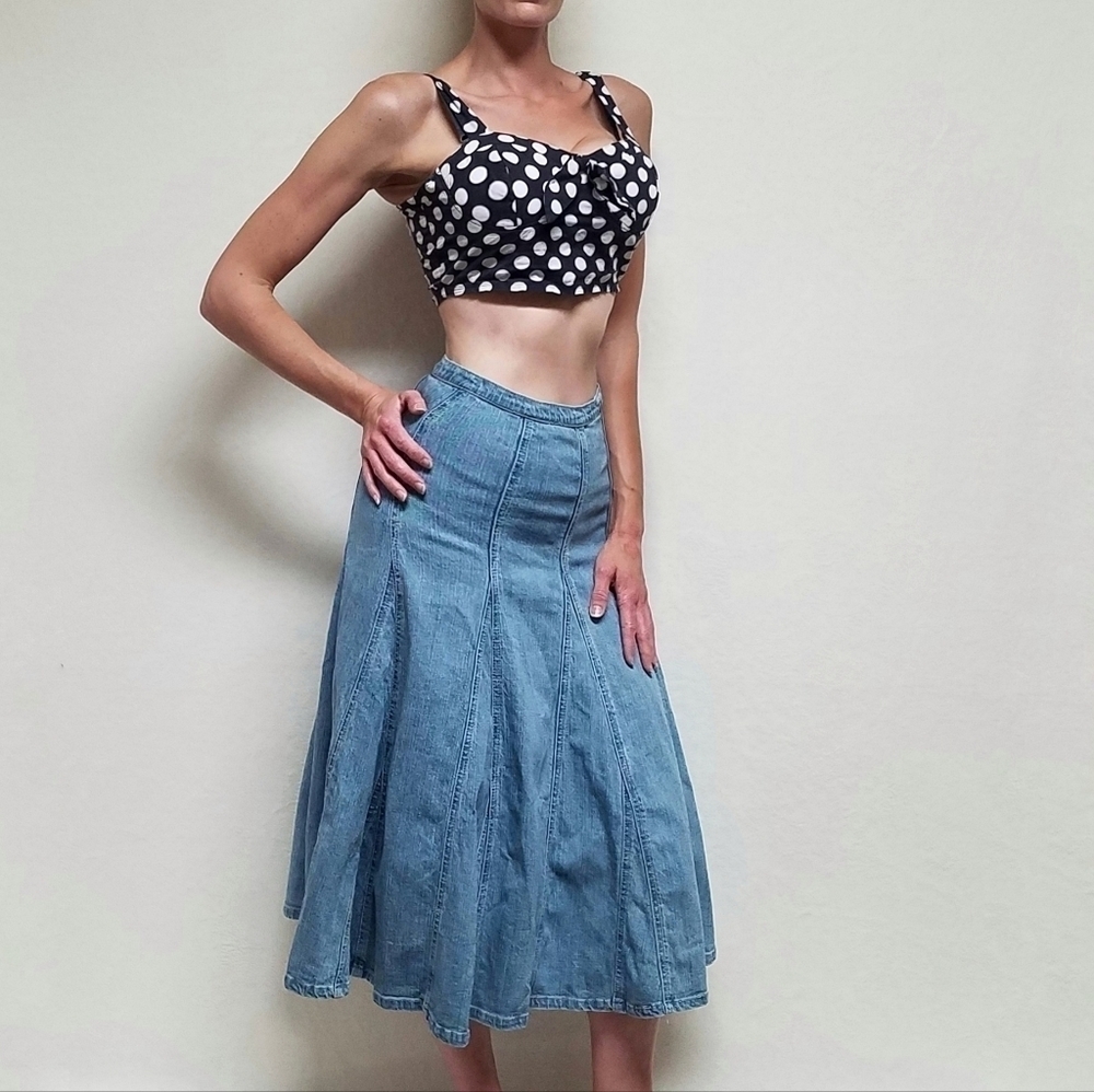 VINTAGE 1990s Light Wash Stone Wash High Rise Stretchy Midi Denim Panel Skirt M - Picture 2 of 11